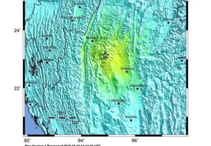 otografía de un mapa sísmico facilitada por el Servicio Geológico de los Estados Unidos (USGS) de un terremoto de 6,9 grados de magnitud (indicado con una estrella, C) en el noroeste de Birmania, el 13 de abril de 2016. EFE