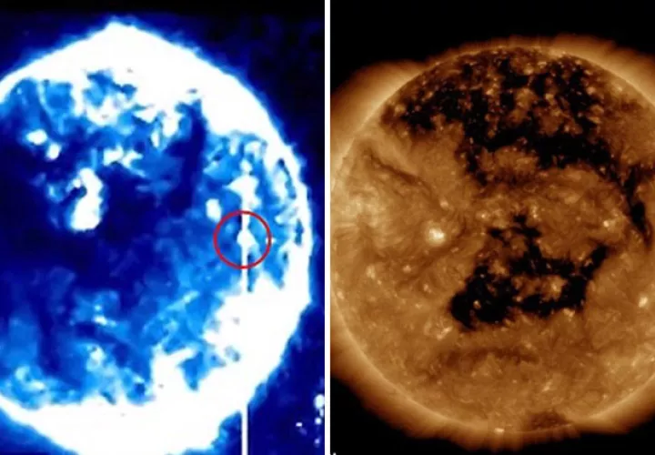 Imágenes del Sol con una esfera azul (izquierda) y sin ellaNASA / STEREO Ahead observatory 