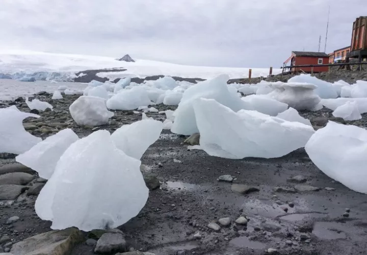 Los bloques de hielo descongelándose se ven en la base de Carlini, una base argentina permanente y una estación de investigación situada en la ensenada de Potter. /  AFP