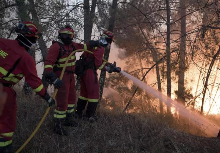 Bomberos españoles de la Unidad Militar de Emergencia combaten el incendio que se declaró en la comarca lusa de Vila de Rei y que ha obligado a desalojar a los vecinos de cuatro poblaciones.  /  Foto: EFE Archivo