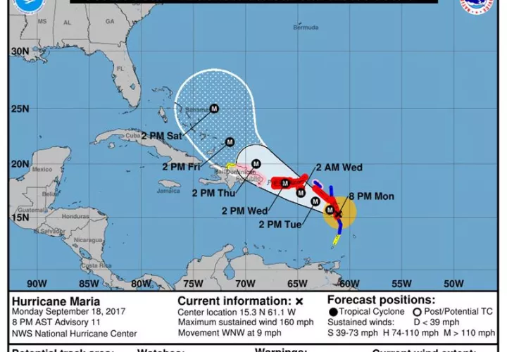 Gráfico cedido por el Centro Nacional de Huracanes (CNH) que muestra el recorrido y la posible trayectoria del huracán María. EFE
