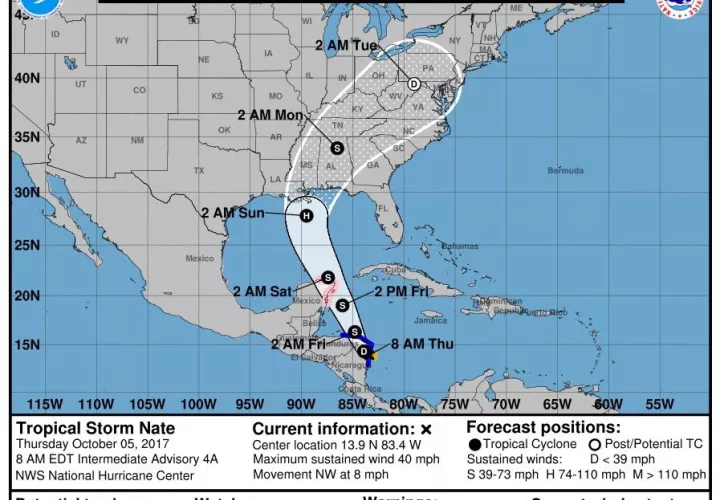 Vistas de la posible trayectoria de Nate.  /   Imagen: NOAA