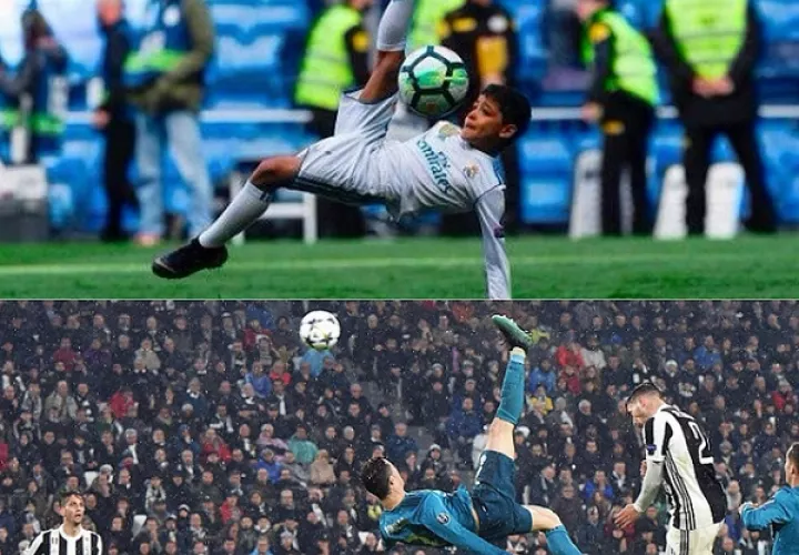 Momento en que el delantero del Real Madrid realiza el único gol que le faltaba en su carrera (abajo). Foto: EFE