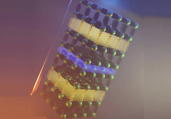 Usando la química correcta, es posible combinar dos disposiciones de átomos diferentes (bloques amarillos y azules) que proporcionan mecanismos para ralentizar el movimiento del calor a través de un sólido. EFE