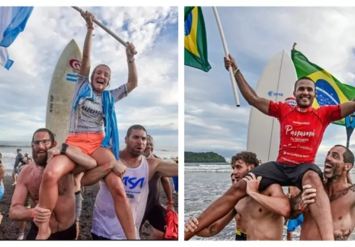 Lucia Cosoleto, de Argentina (izq.) y Luiz Diniz, de Brasil. Foto: Asociación Panamericana de Surf