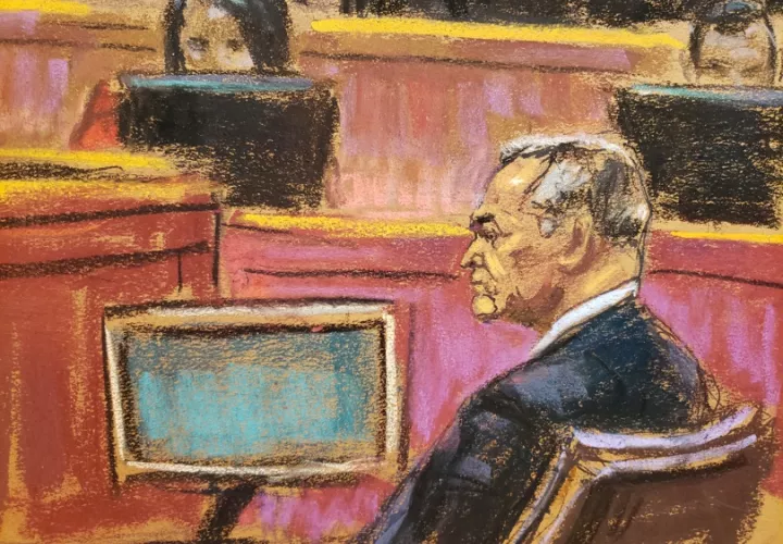 Reproducción fotográfica de un dibujo realizado por la artista Jane Rosenberg donde aparece el exsecretario de Seguridad mexicano, Genaro García Luna, durante su juicio hoy, en el Tribunal Federal del Este de Nueva York. EFE Archivo