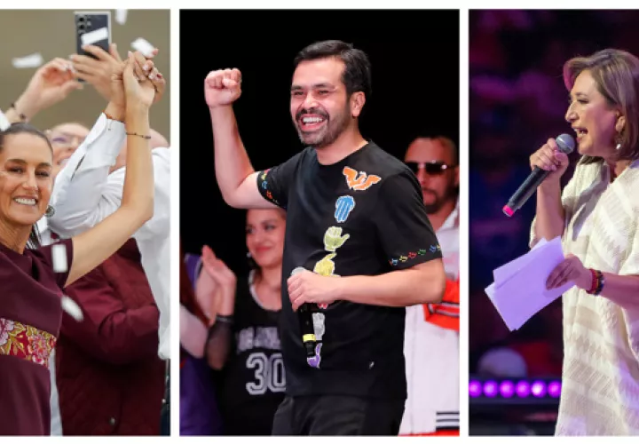 Combo de fotografías donde se observa a los candidatos a la presidencia de México, la oficialista Claudia Sheinbaum (i) y los opositores Jorge Álvarez Máynez (c) y Xóchitl Gálvez (d). EFE