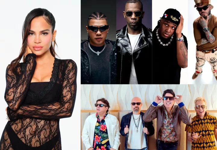 La artista dominicana Natti Natasha, los panameños Boza, Nando Boom y el grupo Los Rabanes, el panameño Sech y el puertorriqueño Farruko, quienes actuarán en los Premios Juventud 2025.