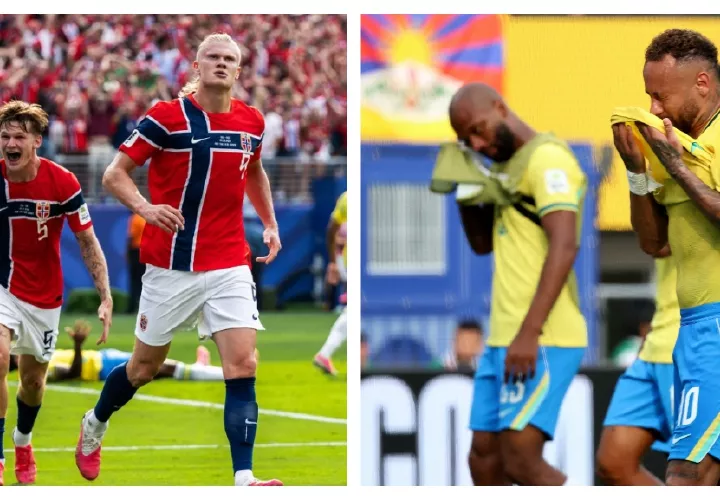 Erling Haaland y sus compañeros (i) celebran uno de sus goles anotados, mientras que jugadores de Brasil lamentan la eliminación.