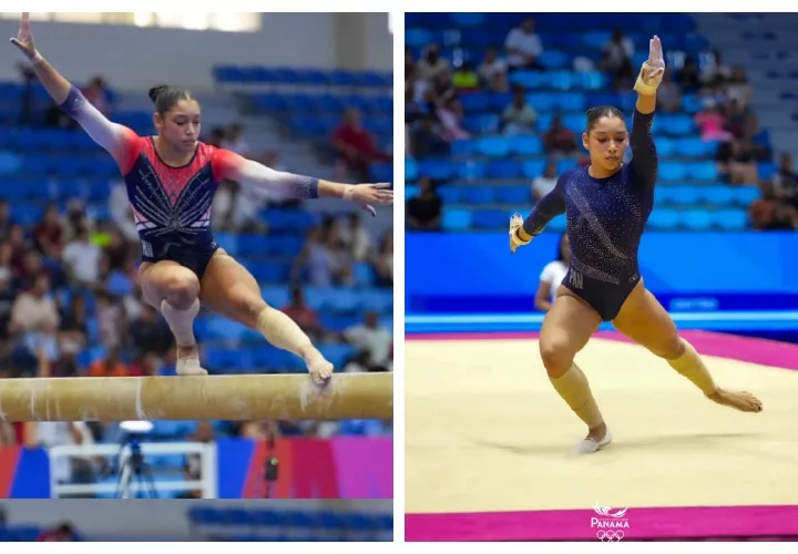 Alyiah Lide De León durante su participación en las finales de los aparatos Viga de Equilibrio (izq.) y Suelo en los Centroamericanos y del Caribe. 