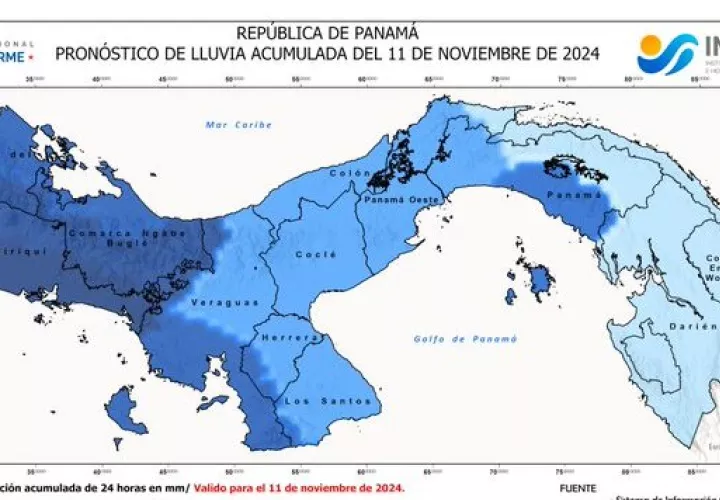 Mapa muestra acumulados de lluvias por provincias para este lunes.