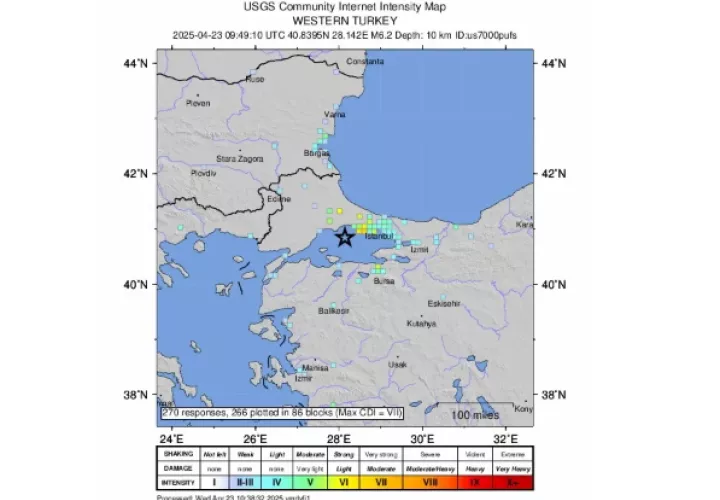 Ubicación del terremoto de magnitud 6,2 que azotó el Mar de Mármara, frente a la costa de Estambul, Turquía, este 23 de abril. Foto: EFE