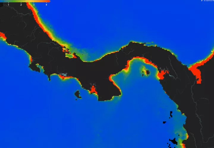 Concentraciones extremadamente bajas de clorofila en los océanos alrededor de Panamá (azul = baja, rojo = alta) en febrero de 2025. Foto: Aaron O’Dea