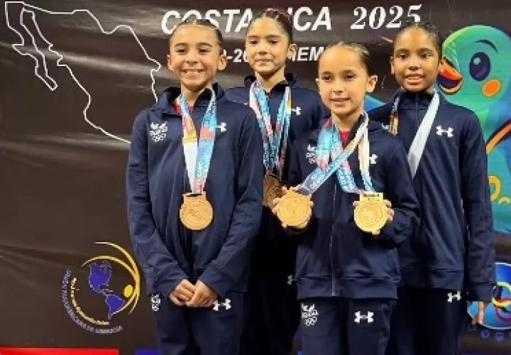 Alicia Rivera, Bethel Sáenz, Vera Becerra y Bianca Samuels lograron la medalla de bronce por equipos en la categoría UPAG 1. Foto: @gimnasiapanama