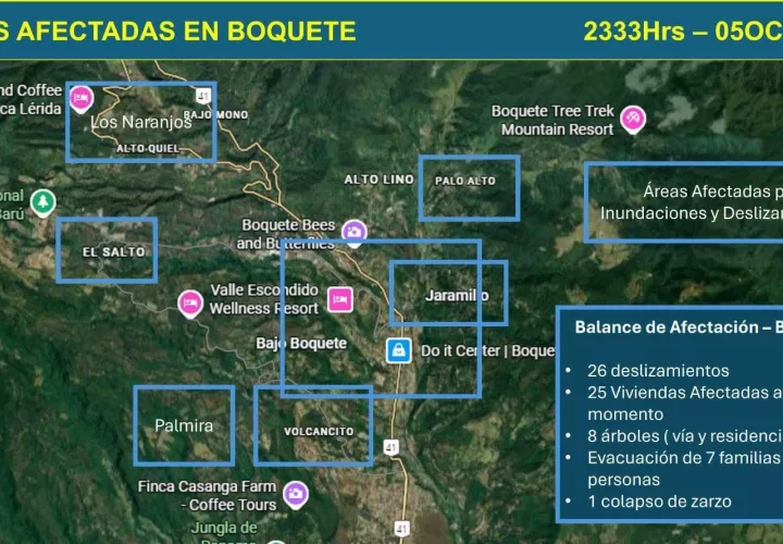Mapa con zonas afectadas en Boquete.
