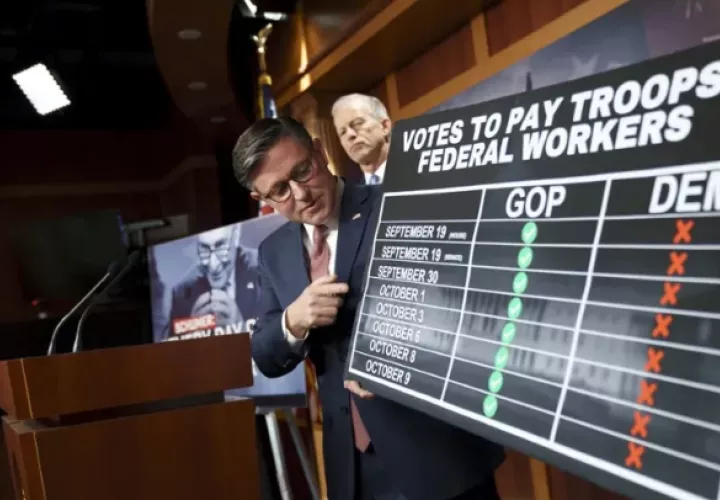 El jefe de la Cámara Baja de Estados Unidos, Mike Johnson (c), muestra un tablero con las votaciones realizadas para aprobar fondos y evitar el cierre del Gobierno. Foto: EFE