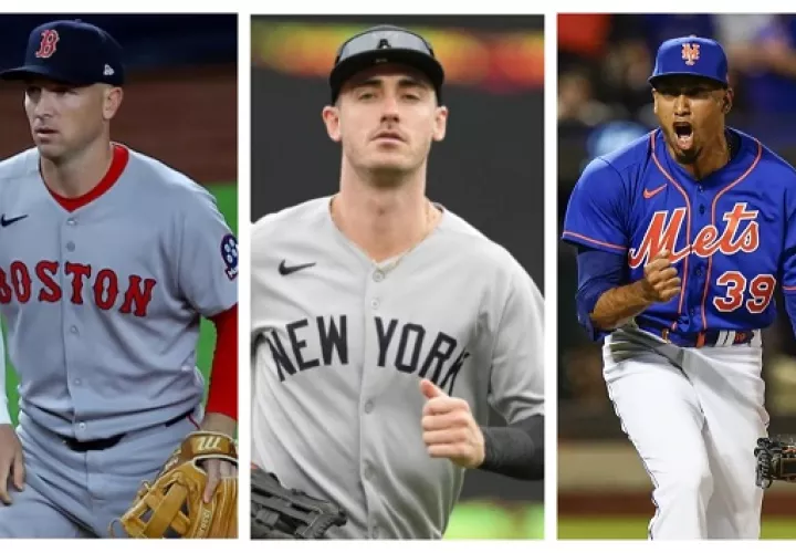 Alex Bregman (izq.), Cody Bellinger (c) y Edwin Díaz. 