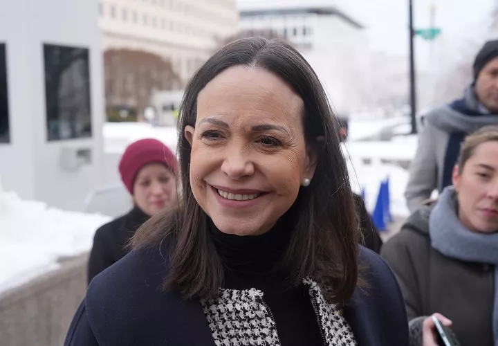 La líder opositora y Nobel de La Paz, María Corina Machado, crítico al  jefe del Gobierno español, Pedro Sánchez, por no apoyar al pueblo venezolano. Foto. EFE