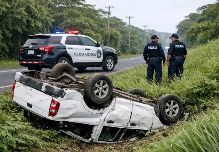 La camioneta quedó volcada a un costado de la vía.   /  Imagen ilustrativa generada con IA Copilot