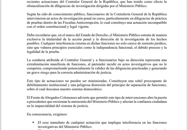 El gremio advierte que estas acciones constituyen una extralimitación de funciones, al interferir en procesos que, por mandato constitucional, corresponden exclusivamente al Ministerio Público.