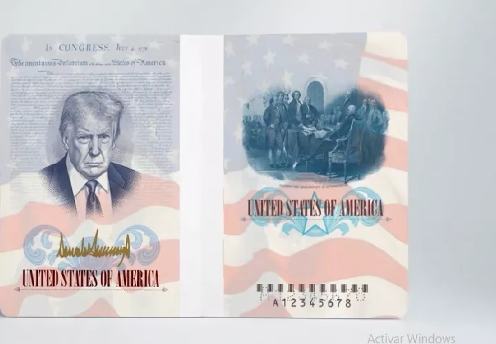 El Departamento de Estado, lanzó el nuevo pasaporte conmemorativo por el 250 aniversario de la independencia del país, incluirán el rostro del mandatario junto a la Declaración de Independencia y la bandera estadounidense, además de su firma en color dorado en una de las páginas interiores. Foto. Departamento de Estado/EE.UU.