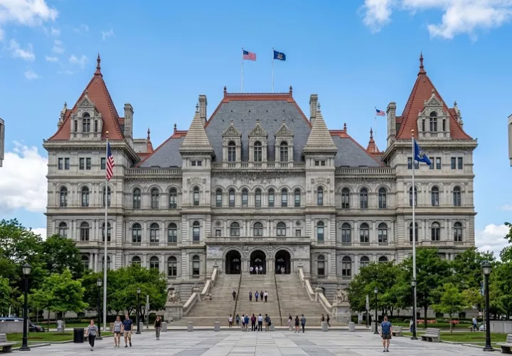 Los investigadores indicaron que la mujer vigiló los alrededores del Capitolio del estado de Nueva York en al menos cinco ocasiones distintas. Foto. IA