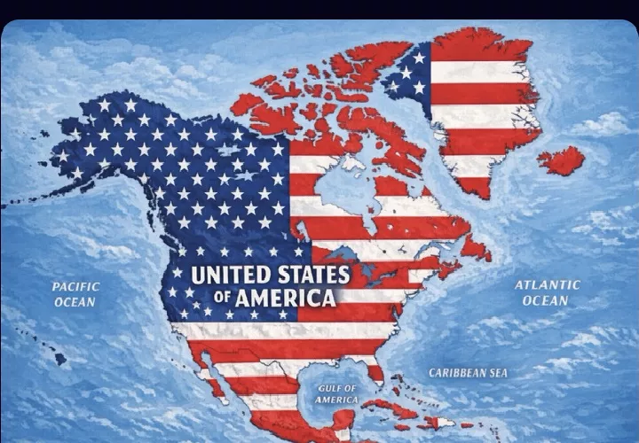 Donald Trump, publicó un mapa en el que los colores de la bandera de ese país cubren México, el Caribe y Canadá, además de Groenlandia e Islandia. Foto. @realDonaldTrump